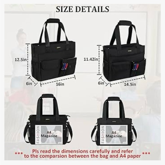 Black Tote Bag With Laptop Compartment, Large Utility Tote With 15 Pockets, Work - Picture 3 of 6